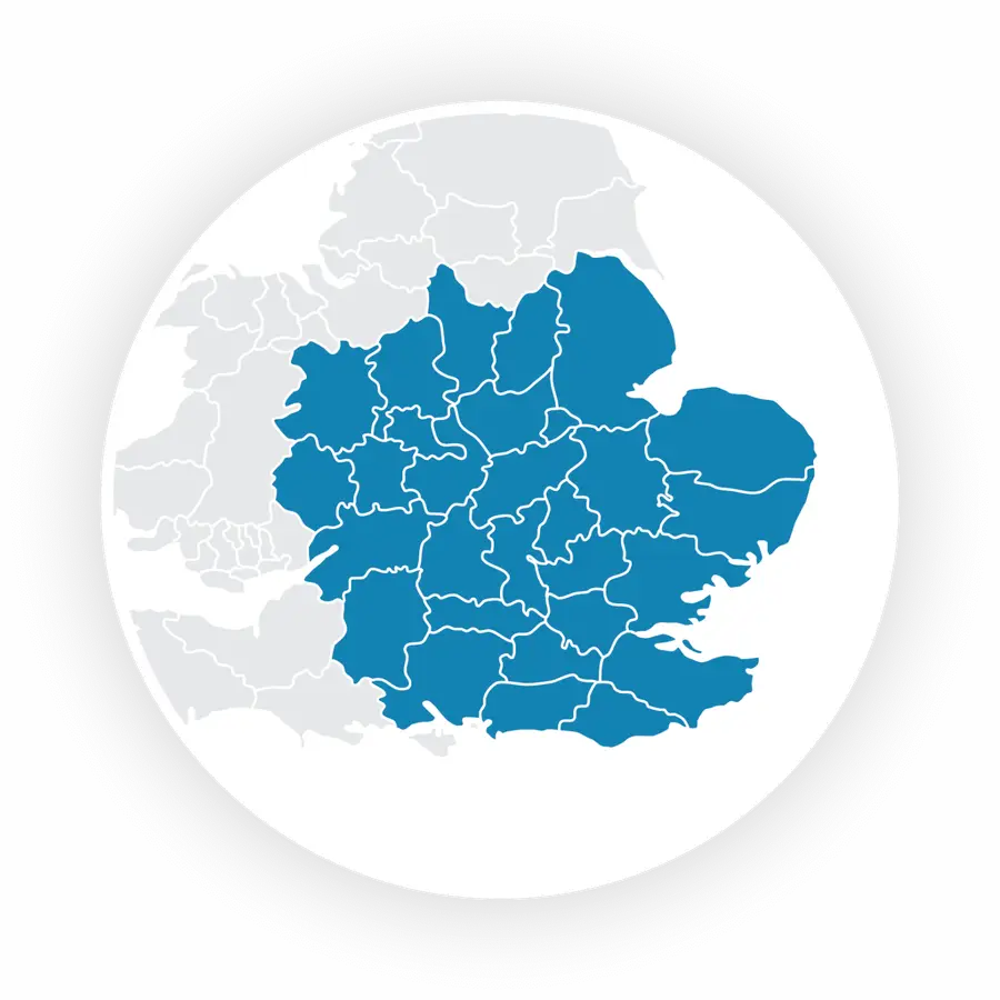 Map of the London, South East and East of England area covered by Cascade Water Services